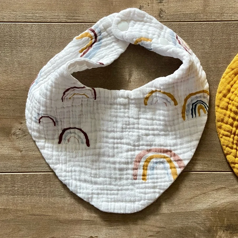Set of 2 Double Gauze Bandana Bibs in Mustard and Neutral Rainbow Print